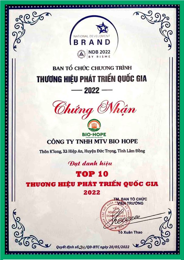 Giấy chứng nhận Top 10 Thương hiệu phát triển Quốc gia 2022